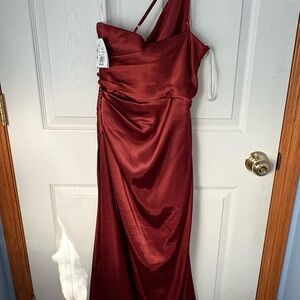 David's Bridal One-Shoulder Satin Dress in cinnamon red.